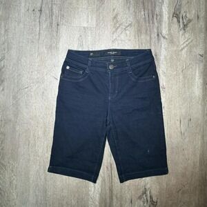 Navy blue denim shorts with a low rise and straight leg fit
